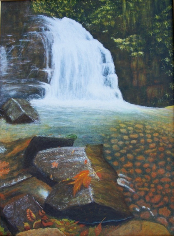 Wodospad jesienią- akryl na płotnie- 90x63cm.JPG